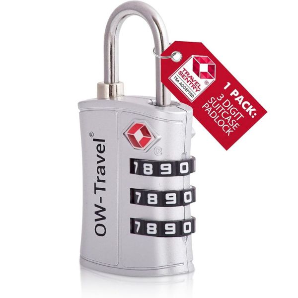 ✅ 3 Dial TSA Combination Padlock - Travel Sentry Approved Heavy Duty Number Lock for Suitcases, Luggage, Gym Lockers and Tool Boxes - One-Wear, OW-Travel