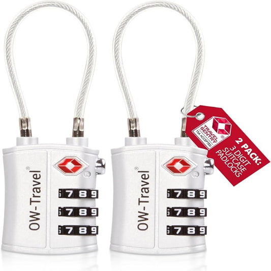 ✅ 3 Dial Cable TSA Combination Padlock - Travel Sentry Approved Heavy Duty Number Lock for Suitcases, Luggage, Gym Lockers and Tool Boxes - One-Wear, OW-Travel