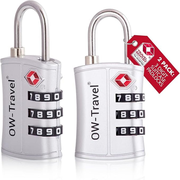 ✅ 3 Dial TSA Combination Padlock - Travel Sentry Approved Heavy Duty Number Lock for Suitcases, Luggage, Gym Lockers and Tool Boxes - One-Wear, OW-Travel