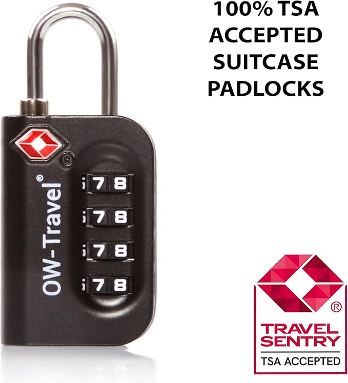 ✅ 4 Dial TSA Combination Padlock - Travel Sentry Approved Heavy Duty Number Lock for Suitcases, Luggage, Gym Lockers and Tool Boxes - One-Wear, OW-Travel