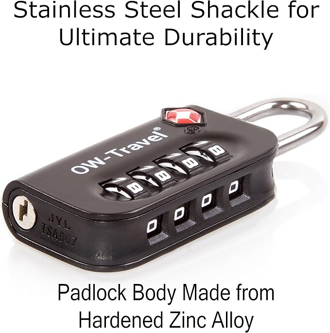 ✅ 4 Dial TSA Combination Padlock - Travel Sentry Approved Heavy Duty Number Lock for Suitcases, Luggage, Gym Lockers and Tool Boxes - One-Wear, OW-Travel