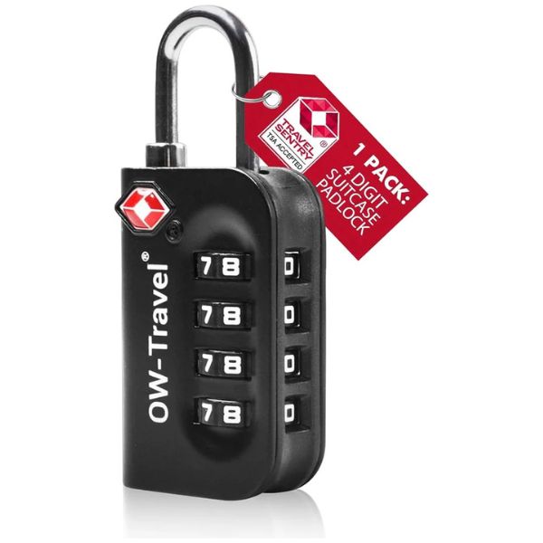 ✅ 4 Dial TSA Combination Padlock - Travel Sentry Approved Heavy Duty Lock for Suitcases, Luggage, Gym Lockers and Tool Boxes - One-Wear, OW-Travel