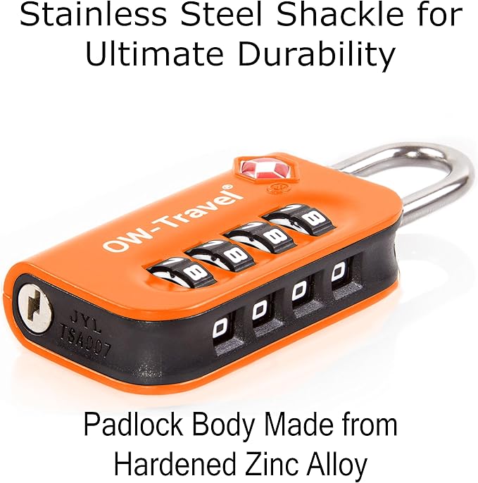 ✅ 4 Dial TSA Combination Padlock - Travel Sentry Approved Heavy Duty Number Lock for Suitcases, Luggage, Gym Lockers and Tool Boxes - One-Wear, OW-Travel