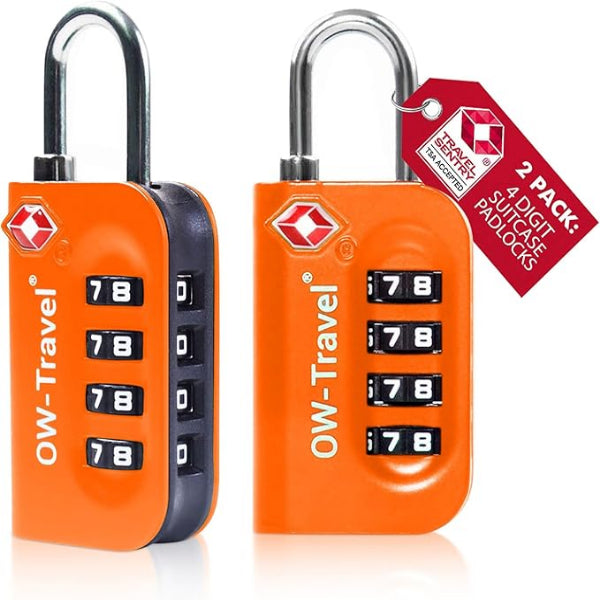 ✅ 4 Dial TSA Combination Padlock - Travel Sentry Approved Heavy Duty Number Lock for Suitcases, Luggage, Gym Lockers and Tool Boxes - One-Wear, OW-Travel