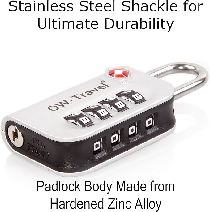 ✅ 4 Dial TSA Combination Padlock - Travel Sentry Approved Heavy Duty Number Lock for Suitcases, Luggage, Gym Lockers and Tool Boxes - One-Wear, OW-Travel