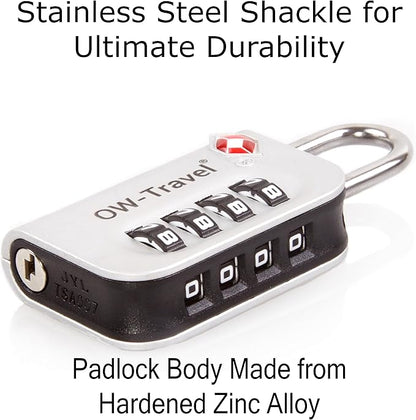 ✅ 4 Dial TSA Combination Padlock - Travel Sentry Approved Heavy Duty Number Lock for Suitcases, Luggage, Gym Lockers and Tool Boxes - One-Wear, OW-Travel