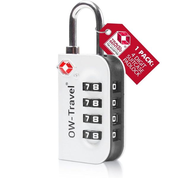 ✅ 4 Dial TSA Combination Padlock - Travel Sentry Approved Heavy Duty Number Lock for Suitcases, Luggage, Gym Lockers and Tool Boxes - One-Wear, OW-Travel