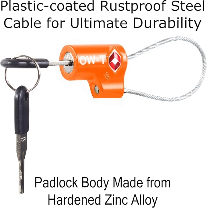 ✅ TSA Key Cable Padlock - Heavy Duty Travel Sentry Approved Lock for Suitcases, Luggage, Gym Lockers and Tool Boxes - One-Wear, OW-Travel