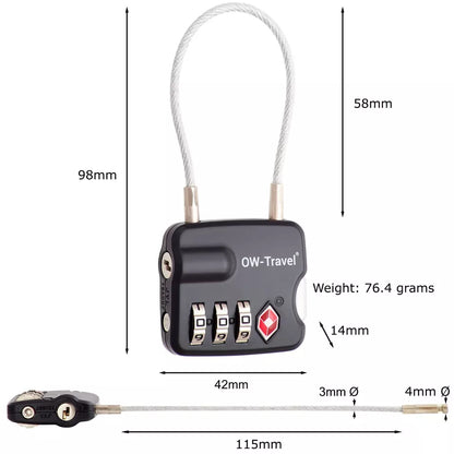 ✅ 3 Dial TSA Cable Combination Padlock - Travel Sentry Approved Heavy Duty Number Lock for Suitcases, Luggage, Gym Lockers and Tool Boxes - One-Wear, OW-Travel