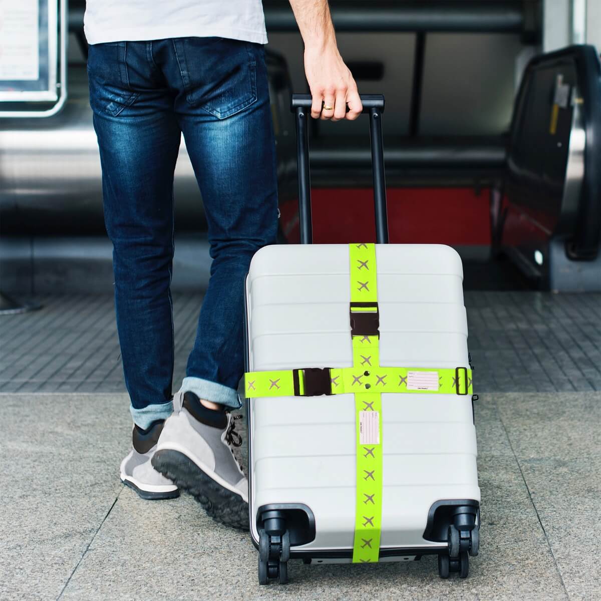 ✅ Heavy Duty Luggage Cross Strap Suitcase Belts - with Personalised Baggage Claim Identifier Address Label (Blue + Yellow) - One-Wear