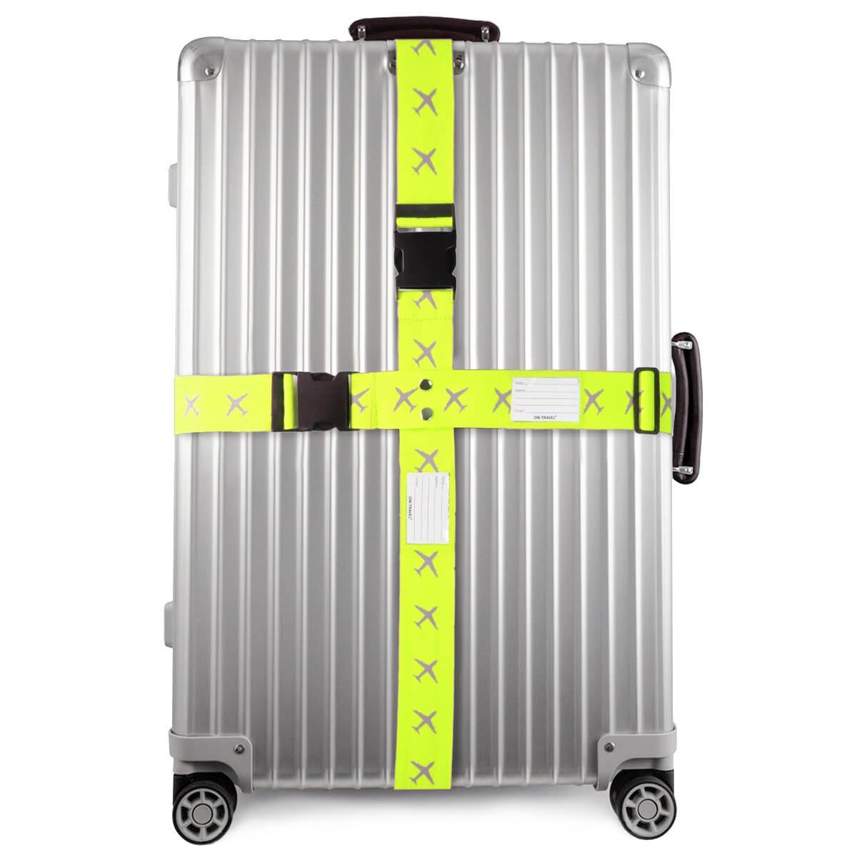 ✅ Heavy Duty Luggage Cross Strap Suitcase Belts - with Personalised Baggage Claim Identifier Address Label (Yellow) - One-Wear