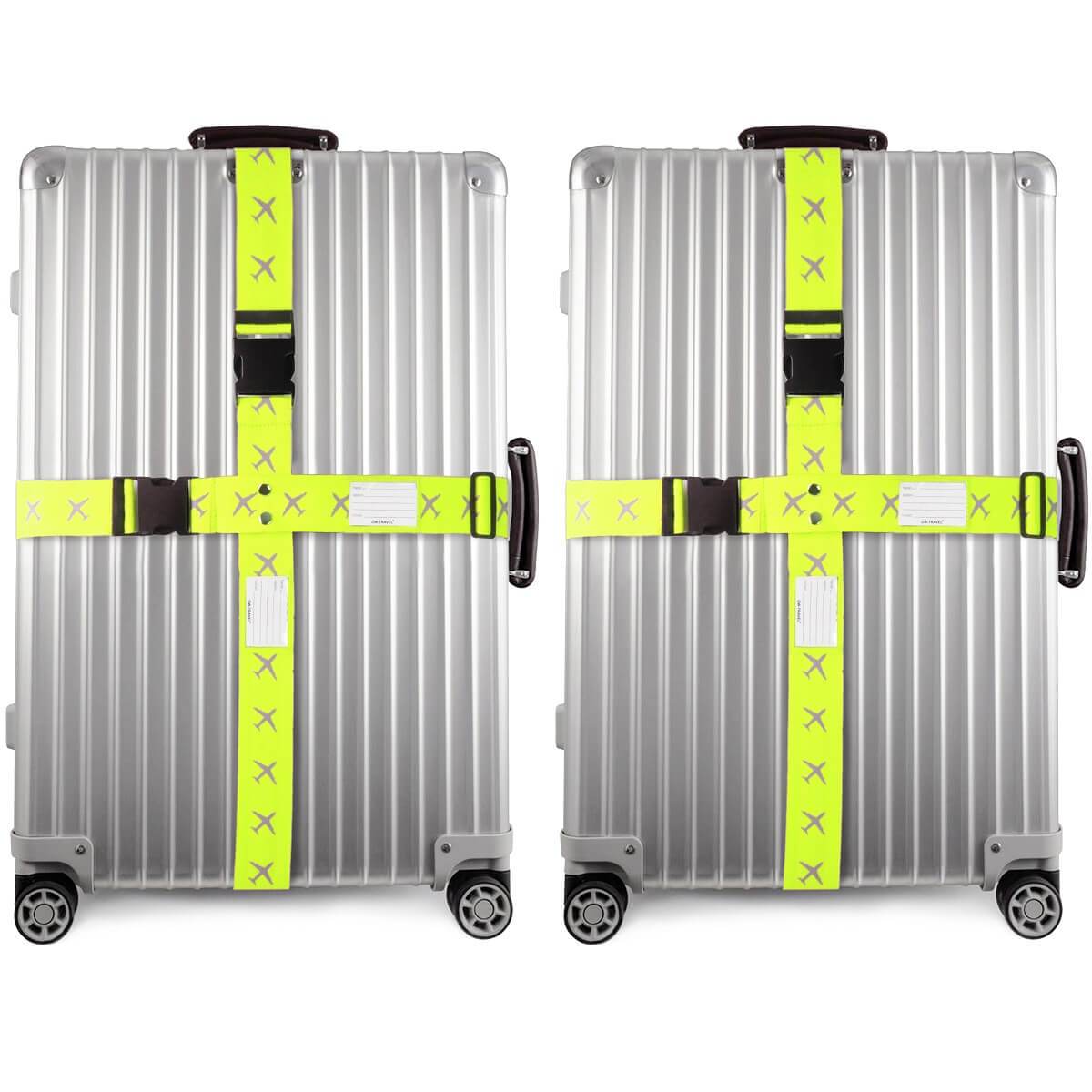 ✅ Heavy Duty Luggage Cross Strap Suitcase Belts - with Personalised Baggage Claim Identifier Address Label (Yellow) - One-Wear