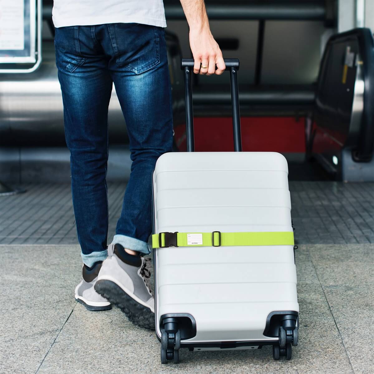 ✅ Heavy Duty Luggage Strap Suitcase Belts - with Personalised Baggage Claim Identifier Address Label (Bright Green) - One-Wear